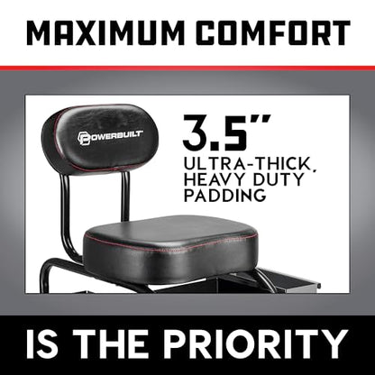 Powerbuilt Professional Mechanics Roller Seat, Heavy Duty Padded Detailer Seat and Backrest, Sliding Storage Drawers, Tool Tray, Can Holders, 4-Inch Swivel Wheels
