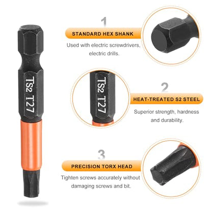 HARFINGTON 3pcs T27 Torx Head Screwdriver Bit 2" (50mm) Long 1/4" Hex Shank Magnetic No Hole Tamper Proof 6 Point Star Screw Driver Drill Bits Phosphate S2 Steel Industrial Power Tools - size: T27 x 50mm
