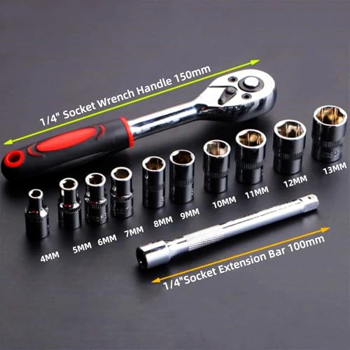 YWHWXB 1/4 Inch Ratchet Socket Wrench Set, Metric Socket Set with Quick Release Reversible Ratchet Wrench and Extension Bar, Metric SAE Mechanic Tool Kit,12 Pcs - size: Small