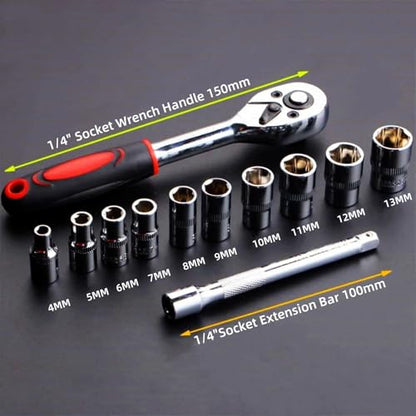YWHWXB 1/4 Inch Ratchet Socket Wrench Set, Metric Socket Set with Quick Release Reversible Ratchet Wrench and Extension Bar, Metric SAE Mechanic Tool Kit,12 Pcs - size: Small