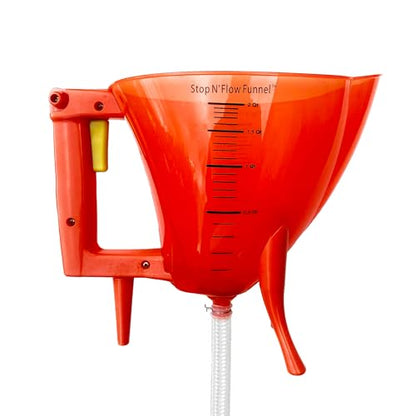 Stop N' Flow Funnel with Flexible Hose, Spill Free Liquid Control, Detachable Legs, and Measurements for Automotive Coolant, Antifreeze, and Petroleum, Heavy-Duty Plastic