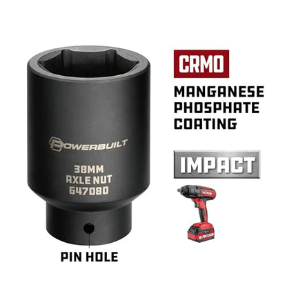 Powerbuilt 38mm Axle Nut Socket, 1/2 Inch Drive, Use with Impact Wrench, 12 Point, Remove Axle Shaft Nut - 647080 - size: 38mm