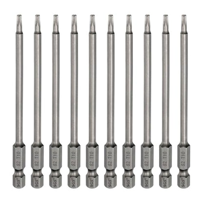 HARFINGTON 10pcs T10 Torx Head Screwdriver Bit 1/4" Hex Shank 4" (100mm) Long Magnetic No Hole Tip Tamper Proof 6 Point Star Screw Driver Drill Bits S2 Steel Industrial Power Screwdrivers - size: T10 x 4"