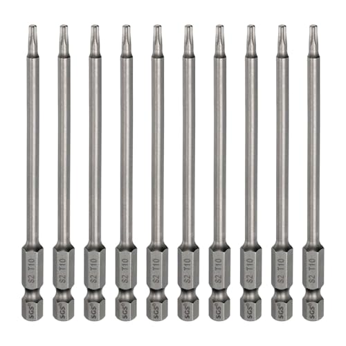 HARFINGTON 10pcs T10 Torx Head Screwdriver Bit 1/4" Hex Shank 4" (100mm) Long Magnetic No Hole Tip Tamper Proof 6 Point Star Screw Driver Drill Bits S2 Steel Industrial Power Screwdrivers - size: T10 x 4"