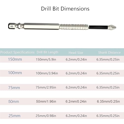15 Pack Phillips Bits #2, High Magnetic Screwdriver Drill Bit Set - K5 Impact Resistant Non Slip Bit - S2 Alloy Steel - 1/4'' Hex Shank - 25 50 75 100 150mm - color: 15pcs