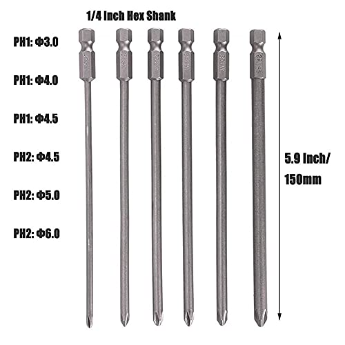 6Pcs Long Phillips Screwdriver Bits Set – 150mm Magnetic No-Slip Phillips Bits, 1/4" Hex Shank S2 Steel Cross Head Screwdriver Bit Set (PH1 PH2)
