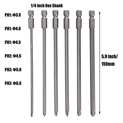 6Pcs Long Phillips Screwdriver Bits Set – 150mm Magnetic No-Slip Phillips Bits, 1/4" Hex Shank S2 Steel Cross Head Screwdriver Bit Set (PH1 PH2)