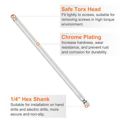 HARFINGTON 2pcs T40 Security Torx Bit 1/4" Hex Shank 6" Long S2 Steel Magnetic Tamper Resistant Star Bits Screwdriver Torx Head with Hole for Driver Drill Bits Remove Fastening Screws - size: T40