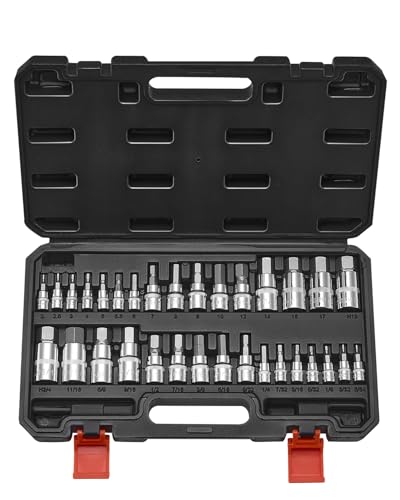 VEVOR Hex Bit Socket Set, 32-Piece, S2 Alloy Steel and Cr-V Steel, Standard SAE and Metric, 1/4 in, 3/8 in, and 1/2 in Drives, with Enhanced Storage Case, Allen Socket Set for Mechanics, Auto Repair - style: 32 PCS Hex