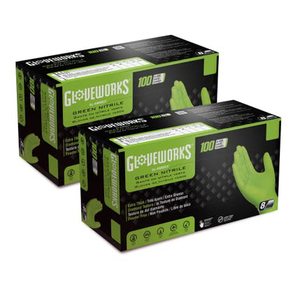 GLOVEWORKS HD Green Gloves, 8 Mil Nitrile Disposable Heavy Duty Raised Diamond Grip Mechanic Glove, Bulk Purchasing Options - size: Medium, style: 2 Boxes of 100