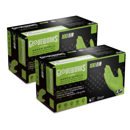 GLOVEWORKS HD Green Gloves, 8 Mil Nitrile Disposable Heavy Duty Raised Diamond Grip Mechanic Glove, Bulk Purchasing Options - size: Large, style: 2 Boxes of 100