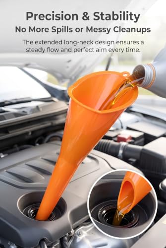 2 PCS Oil Funnel for Oil Change, No-Spill Long Neck Funnel with Hanging Hole, Universal Fuel & Transmission Fluid Filling Tool for Cars and Motorcycles (Orange+Red)