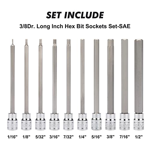 CASOMAN 10 Pieces 3/8 Inch Drive Long Hex Bit Socket Set, 1/16 Inch to 1/2 Inch, SAE, Extra Long Allen Hex Bit Socket Set, CR-V and S2 Steel - size: 10 Pieces SAE