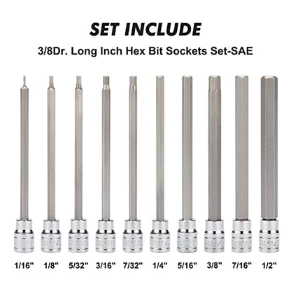 CASOMAN 10 Pieces 3/8 Inch Drive Long Hex Bit Socket Set, 1/16 Inch to 1/2 Inch, SAE, Extra Long Allen Hex Bit Socket Set, CR-V and S2 Steel - size: 10 Pieces SAE
