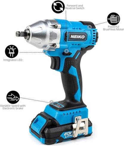 NEIKO 10880A 3/8-Inch-Drive Brushless Cordless Impact Wrench, 20-Volt Compact Impact Wrench with Lithium-Ion Charging Battery, Includes Fast Charger, 3/8 Impact Gun, 3/8 Impact Wrench, Impact Driver - style: 3/8" Brushless Impact Wrench