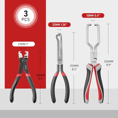 KOOPOOL 3 Pcs Electrical Disconnect Pliers Set, Heavy-Duty Automotive Connector & Fuel Line Clip Remover Tools for Rapid Disconnection in Car & Truck Repairs