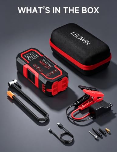 LEOWIN Jump Starter with Air Compressor Portable, Red | 4500A 12V Car Battery Jumper Starter (9.0 Gas/6.5L Diesel) with 150PSI Tire Inflator, with Smart Jumper Cables, LED Light - color: Red