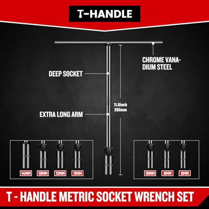 T-Handle Wrench Socket Set, Cr-V Steel T Wrench Set Metric Size 6mm to 14mm, Wrench Tool Socket with Long Reach for Motorcycle Dirtbike Bicycle Repair (7 Pack) - size: 7 Pack