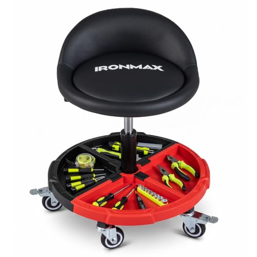 Goplus 360° Rolling Mechanic Stool with Tool Storage Tray | Height Adjustable Garage Seat with Backrest, Swivel Shop Stool with Lockable Wheels, 330LBS Capacity - color: Red, size: One Tier Tool Tray