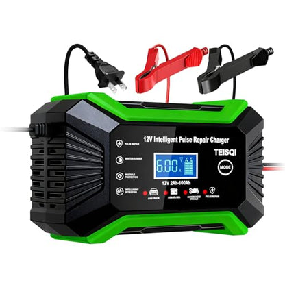 Car Battery Charger, 12V 6A Smart Battery Trickle Charger Automotive 12V Battery Maintainer Desulfator with Temperature Compensation for Car Motorcycle Mower Marine Lead Acid Batteries (Green)
