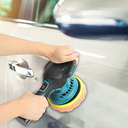 Car Polisher 6 Variable Speed Battery Powered Cordless Powerful Motor Ergonomic Handle Car Polishing Dual Action Car Buffer Polisher with Gloves Apron Set (Blue)