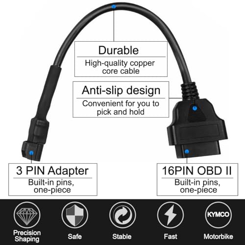 OBD2 Diagnostic Adapter Cable OBDII 3 Pin to 16 Pin Compatible with KYMCO Motorcycle - color: per KYMCO 3Pin