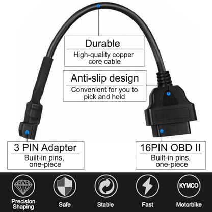 OBD2 Diagnostic Adapter Cable OBDII 3 Pin to 16 Pin Compatible with KYMCO Motorcycle - color: per KYMCO 3Pin