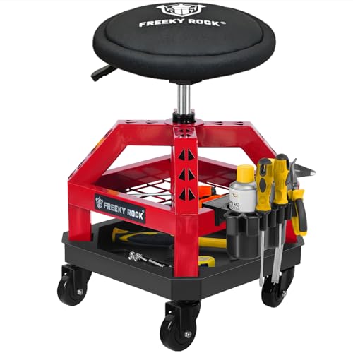 Rolling Shop Stool with Wheels, Heavy Duty Garage Work Mechanic Stool with Backrest, Adjustable Height 22.44"-28.94", 360°Swivel Rolling Chair with Tool Tray Storage, 330 LBS Capacity, Red - color: D11n-red