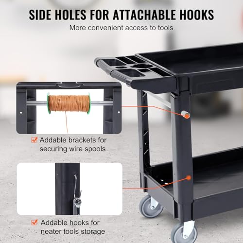 VEVOR Utility Service Cart, 2 Shelf 550LBS Heavy Duty Plastic Rolling Utility Cart, Medium Lipped Shelf, 360° Swivel Wheels, Ergonomic Storage Handle for Warehouse Garage, Black | Heavy Duty Rolling Cart with 360° Swivel Wheels, Medium Lipped Shelf, Ergon