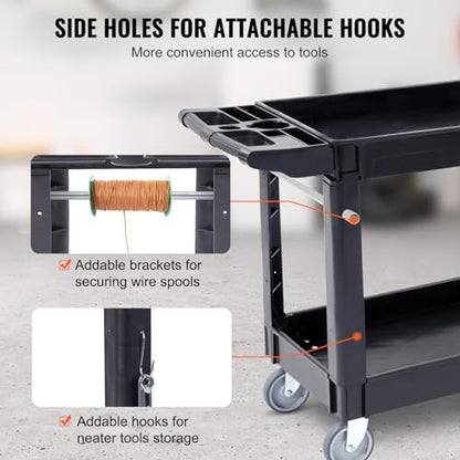 VEVOR Utility Service Cart, 2 Shelf 550LBS Heavy Duty Plastic Rolling Utility Cart, Medium Lipped Shelf, 360° Swivel Wheels, Ergonomic Storage Handle for Warehouse Garage, Black | Heavy Duty Rolling Cart with 360° Swivel Wheels, Medium Lipped Shelf, Ergon