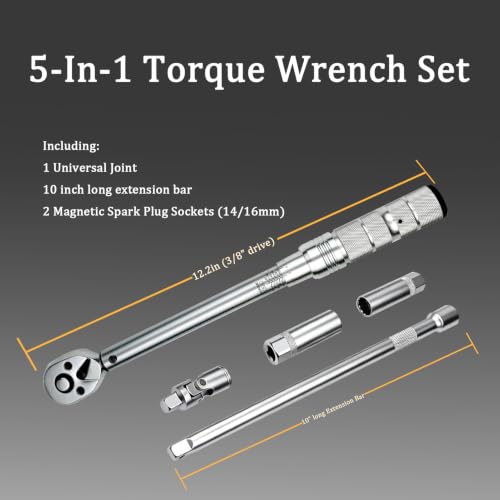 TYD 3/8 Inch Drive Click Torque Wrench Set, 10–60 Nm ±4% Precision | 72-Tooth Reversible Ratchet, Universal Joint, 10" Extension Bar & 2 Magnetic Sockets, Spark Plug Torque Kit for Motorcycle - style: TGZ-60 10-60N.m 3/8"