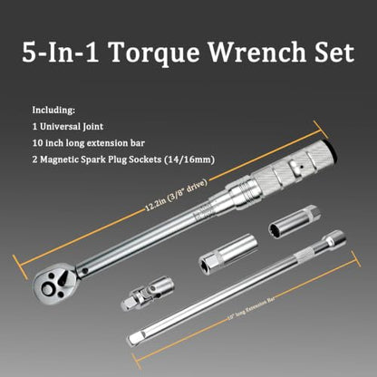 TYD 3/8 Inch Drive Click Torque Wrench Set, 10–60 Nm ±4% Precision | 72-Tooth Reversible Ratchet, Universal Joint, 10" Extension Bar & 2 Magnetic Sockets, Spark Plug Torque Kit for Motorcycle - style: TGZ-60 10-60N.m 3/8"
