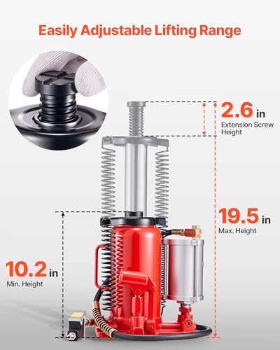 VEVOR Air Hydraulic Bottle Jack, 20 Ton (44092 lbs) Capacity, 10.2-19.5 Inch Lifting Range, Pneumatic/Manual Heavy Duty Welded Bottle Jack with Pump for Car, SUV, Pickup, Truck, RV, Auto Repair - color: red