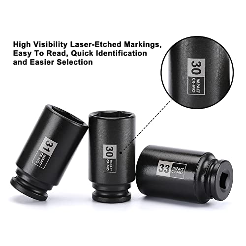 Mayouko 9PCS 1/2 Inch Drive Deep Impact Socket Set, 29-38MM, Spindle Axle Nut Sockets, Metric, Deep, 6-Point, CR-MO - size: 1.142" - 1.496" (9 Pieces)