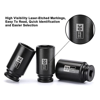 Mayouko 9PCS 1/2 Inch Drive Deep Impact Socket Set, 29-38MM, Spindle Axle Nut Sockets, Metric, Deep, 6-Point, CR-MO - size: 1.142" - 1.496" (9 Pieces)