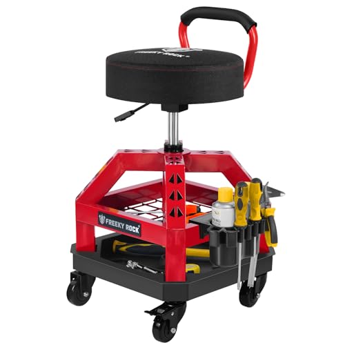 Rolling Shop Stool with Wheels, Heavy Duty Garage Work Mechanic Stool with Backrest, Adjustable Height 360°Swivel Rolling Chair with Tool Tray Storage, 330 LBS Capacity, Red - color: D11-red