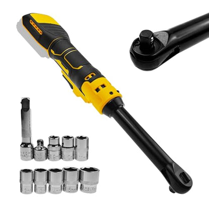 3/8" Cordless Ratchet Wrench for Dewalt 20V MAX Batteries, 80 Nm Electric Power Ratchet with 6-Inch Extended Neck, 320 RPM,LED Light & 8-Piece Metric Socket Set (For Dewalt 20V Battery)