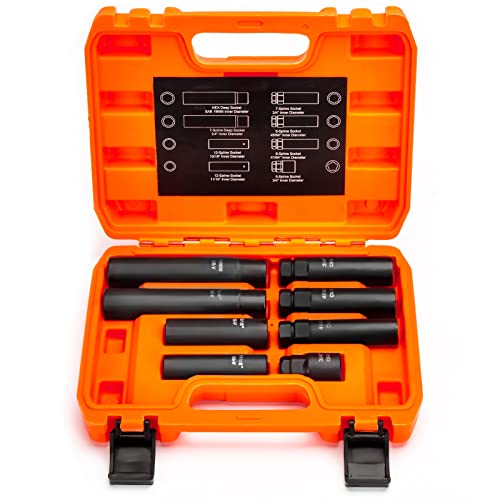 Dynofit 8-Piece Lug Nuts Key Kit, 5/6/7/12 Spline Lug Nuts Socket Set for Aftermarket Rims and Wheel Lock, with 1/2" Drive & Hex External Ends for Removal, Cr-V Steel - color: Black, size: 8-Piece Set (5/6/7/12 Spline) with 1/2" Drive