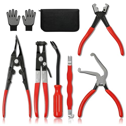 8 Pcs Automotive Electrical Disconnect Pliers Kit with Gloves | High-Carbon Steel Connector Separator, Hose Clamp & Trim Clip Removal Tools for Auto Repair,Automotive Repair Tool Kit