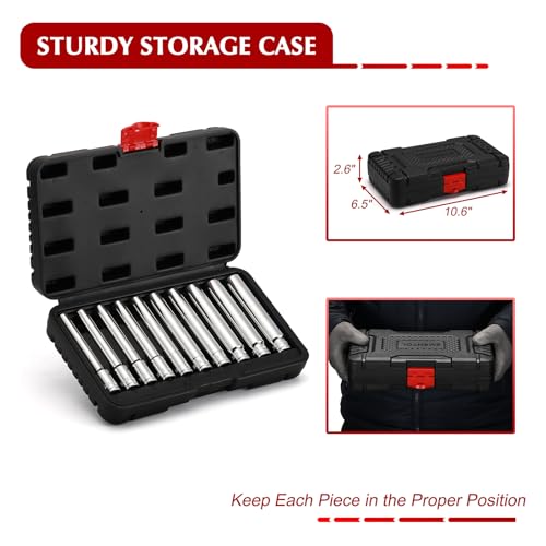 EMENTOL 10PCS 3/8-Inch Drive Metric Deep Socket Set, 8-17MM Deep Sockets, Extra Long, 6-point, Cr-V Steel - size: 3/8" Drive Metric (8-17mm)