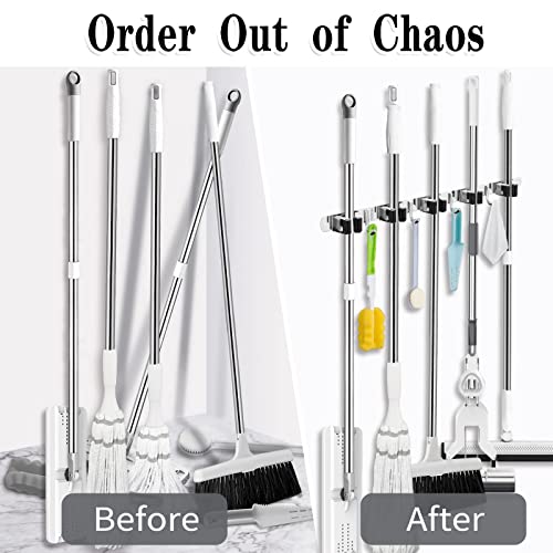2 Pack Broom Holder Wall Mount, 5 Racks 4 Hooks Mop and Broom Organizer | Mop Holder Wall Mount and Broom Hanger for Garage, Laundry Room, Kitchen and Utility Storage - color: 5 Racks & 4 Hooks (Silver) - 2 Pack