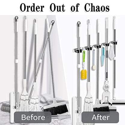 2 Pack Broom Holder Wall Mount, 5 Racks 4 Hooks Mop and Broom Organizer | Mop Holder Wall Mount and Broom Hanger for Garage, Laundry Room, Kitchen and Utility Storage - color: 5 Racks & 4 Hooks (Silver) - 2 Pack