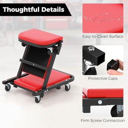 40" Z Garage Creeper, 2-in-1 Folding Creeper with Padded Seat & 6 Wheels, Low Profile Mechanic Creeper Seat Automotive Stool for Workshop, Auto Repair, 350 lbs Capacity