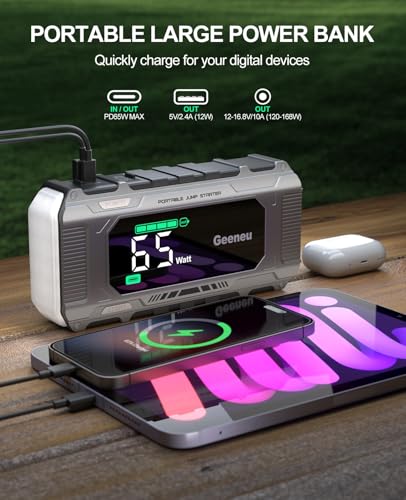 Car Battery Charger Jump Starter, 8000A Portable Jumper Starter with PD 65W Quick Charger, Jump Box 12V Battery Booster Jump Pack for All Gas/10L Diesel,Large Screen,150W DC, Lights - color: Gray