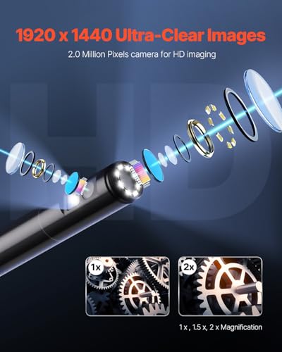 VEVOR Endoscope Camera with Light, Dual Lens Borescope for Android & iOS, 1920P HD Inspection Camera with 8 + 1 LED Light, 2X Zoom, 16.4FT Snake Cable, IP67 Waterproof Snake Camera for Auto, Plumbing - size: 16.4FT