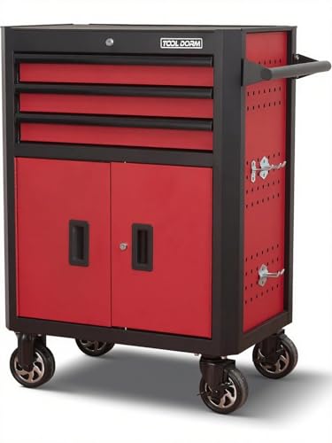 Rolling Tool Chest with Locking Wheels - Tool Box with 3 Drawers & 1 Big Tool Cabinet with 2 Door, 18.5" D x 28" W x 40" H Mobile Tool Storage Cabinet, Heavy-Duty Garage Organizer w/Ergonomic Handle - color: Red and Black