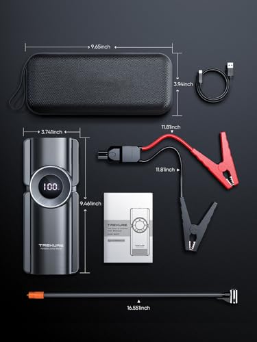 TREKURE Portable Car Jump Starter with Air Compressor, 150PSI 7000A Car Battery Jump Starter Battery Pack (9L Gas/8L Diesel), Safe Jumper Starter Portable Jump Box with Display, Emergency Light