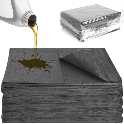 100 PC Oil Absorbent Pads, 13"x10"x2mm | Meltblown Polypropylene Mats, Hand-Tear Lines, Vacuum Packaging for Garage, Workshop & Under Car