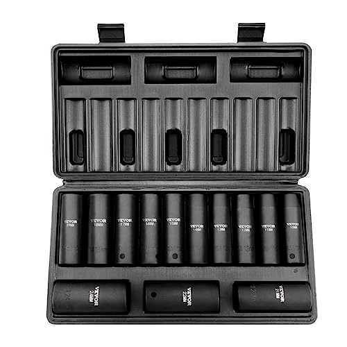 VEVOR 1/2" Drive Impact Socket Set, 13 Piece Deep Socket Set Metric 10-24mm, 6 Point CR-V Alloy Steel for Auto Repair, Easy-to-Read Size Markings, Rugged Construction, Includes Storage Case - size: 1/2" 13PCS