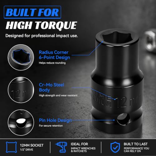 2PCS 12mm Impact Socket 1/2" Drive, 6 Point Metric Shallow Socket, CR-V Steel Heavy Duty Impact Wrench Socket for Automotive Repair - size: 12mm